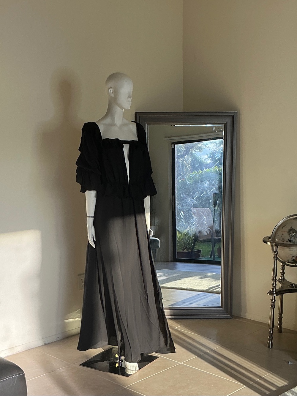 Black Ruffled Puff-Sleeve Maxi Dress